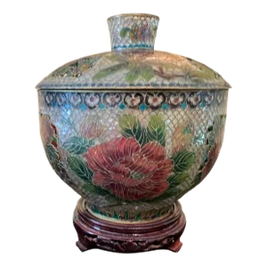 Early 20th Century Chinese Plique a Jour Covered Glass Brass and Enamel Bowl With Large & Small Flowers