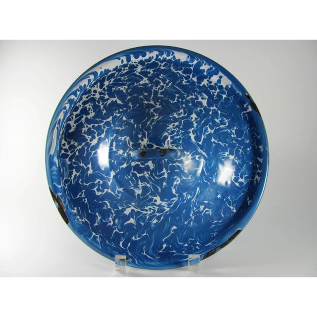 Vintage Graniteware Enamel Blue & White Swirl Marbled Mottled Agate Rustic Pot With Lid For Sale - Image 11 of 13