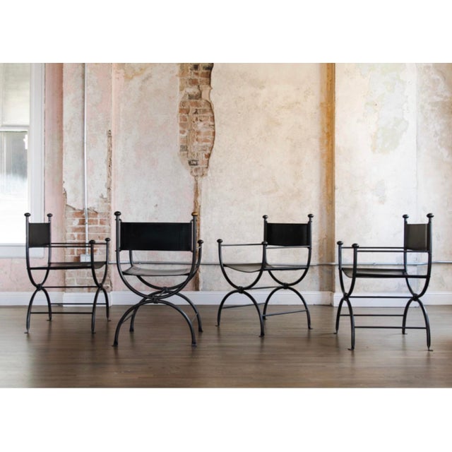 Metal Iron & Leather Curule Armchairs — Set of Four, Sold in Pairs or as a Complete Set For Sale - Image 7 of 9