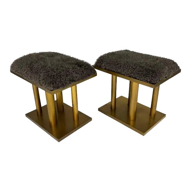 Pair of Kelly Wearstler Bronze and Grey Curly Mongolian Lamb Stools, Usa 2015 For Sale