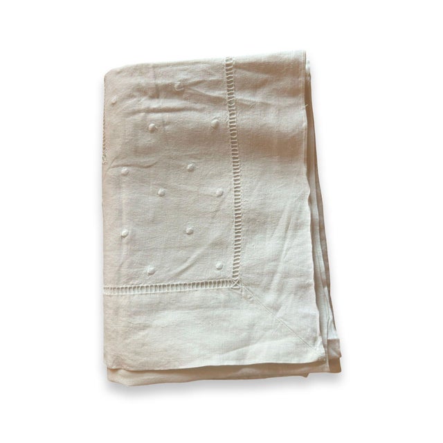 Antique French Trousseau Linen Sheet Embroidered Dots Ladder Work White Linen Bed Sheet Circa 1920 For Sale - Image 9 of 10