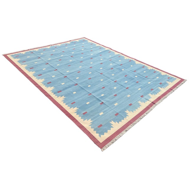 Textile Handmade Cotton Vegetable Dyed Rug, Sky Blue and Pink Geometric Dhurrie-8'x10' For Sale - Image 7 of 13