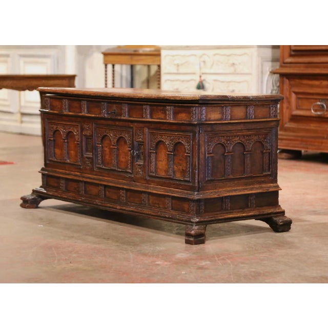 Wood 17th Century Italian Carved Cassone Trunk With Drawers and Inside Carved Panel For Sale - Image 7 of 12