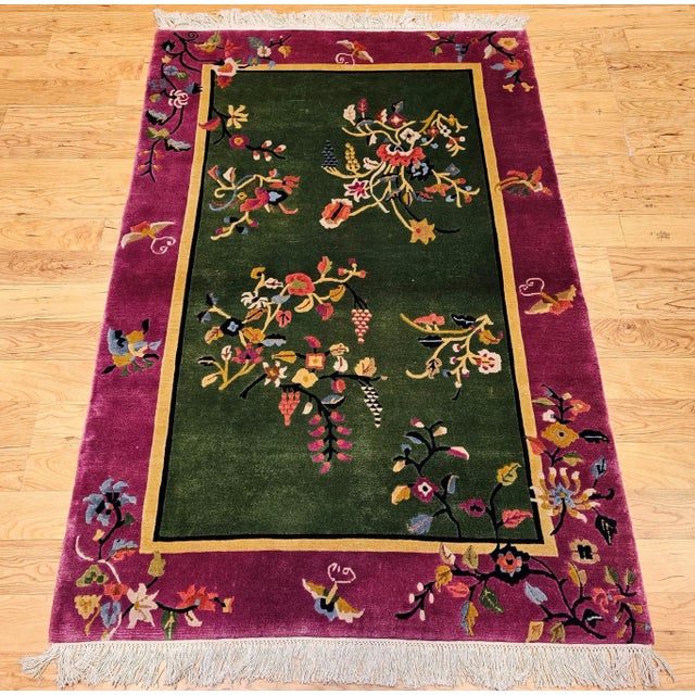 Mid 20th Century Vintage Chinese Art Deco Area Rug, Floral Design, Sage Green & Purple For Sale - Image 5 of 12