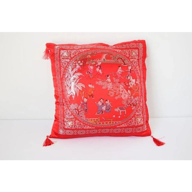 Chinese Decorative Red Throw Pillow With Tassels For Sale - Image 9 of 13