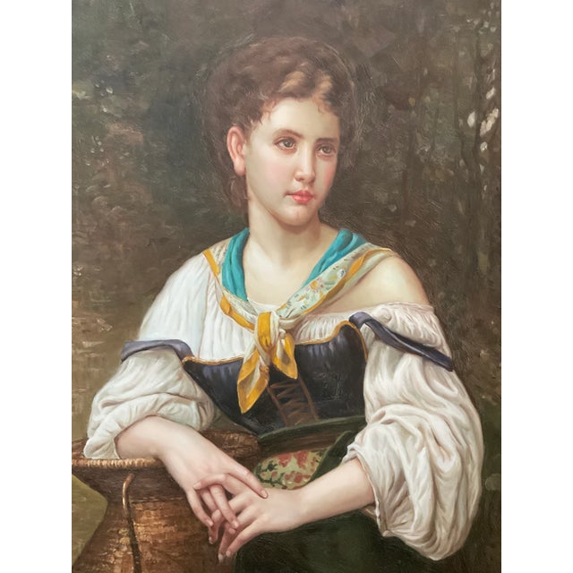 Gold 20th Century Gold Framed Oil on Canvas of Female Handmaiden For Sale - Image 8 of 11