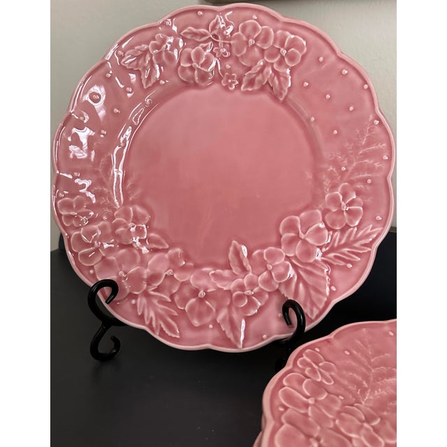 Vintage 1980s Bordallo Pinheiro “Ingrid Pink” Floral Embossed Plates- Set of 4 For Sale - Image 10 of 11