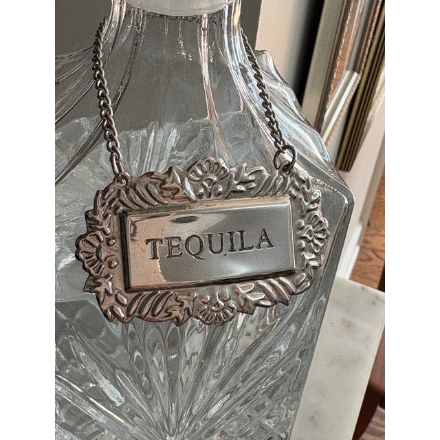 Mid-Century Modern Mid 20th Century Ornate Silver-Tone “Tequila” Decanter Label With Chain - Barware For Sale - Image 3 of 6