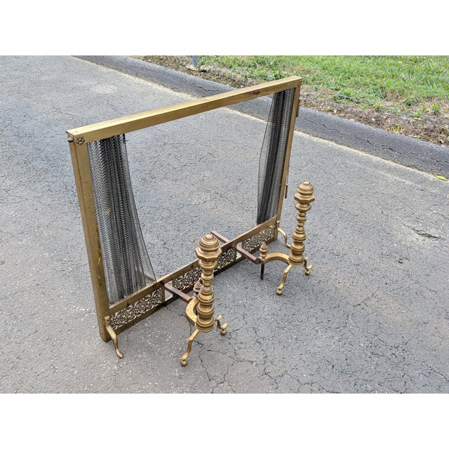 Mid 20th century Hollywood Regency Brass Fireplace Andirons With Flex Screen For Sale - Image 9 of 11