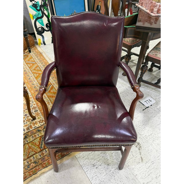Traditional Antique Hickory Co Chair Georgian Style Leather Library Armchair For Sale - Image 3 of 8