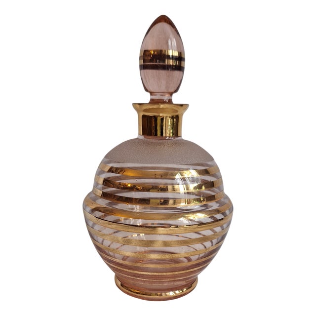Art Deco Liqueur Carafe with Pink Tinted Glass and Gold Decoration, 1930s For Sale