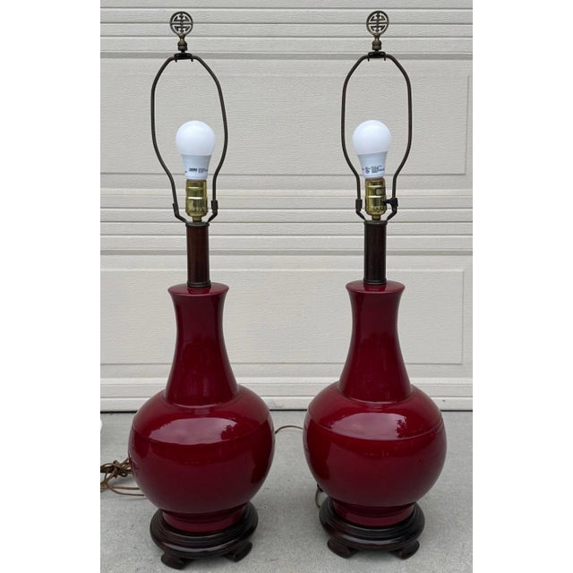 Pair of Vintage Chinese Oxblood Red Glazed Ceramic Table Lamps – 33.5" For Sale - Image 10 of 18