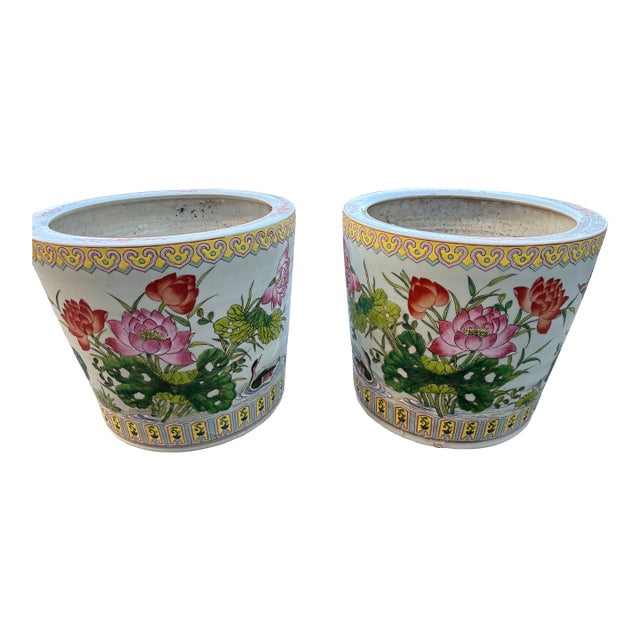 Pair Late 19th Century Famille Rose Lotus Pond Jardinieres For Sale