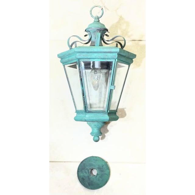 Vintage Solid Brass Hanging Lantern / Pendent / Verdigris Patina For Sale - Image 12 of 17