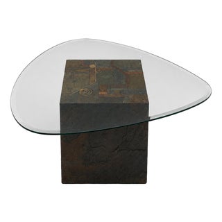 Designer Coffee Table with Natural Stone Base and Organic Glass Top, 1970s For Sale