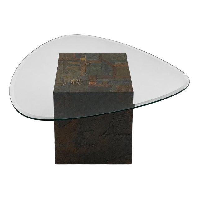 Designer Coffee Table with Natural Stone Base and Organic Glass Top, 1970s For Sale