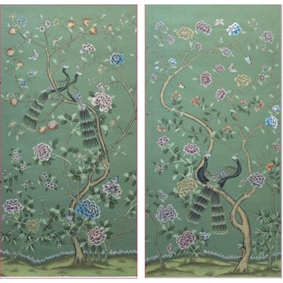 W24"* H53", Emerald Green Peacock Peony 2-Panel Chinoiserie Wallpaper Panels, No Frame, Tea Paper For Sale