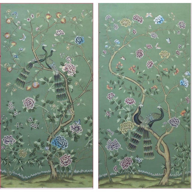 Chinoiserie W24"* H53", Emerald Green Peacock Peony 2-Panel Chinoiserie Wallpaper Panels, No Frame, Tea Paper For Sale - Image 3 of 6