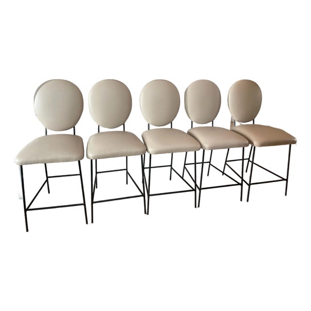 Leather Counter Stools With Blackened Steel Frame - Set of 5 For Sale