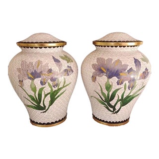 Pair of Vintage Cloisonné Enamel Iris Floral Lidded Jars / Tea Caddies For Sale