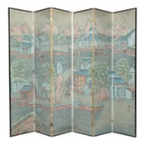 Antique Chinese Export Six Panel Watercolor Floor Screen, Hand-Painted For Sale