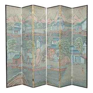 Antique Chinese Export Six Panel Watercolor Floor Screen, Hand-Painted For Sale