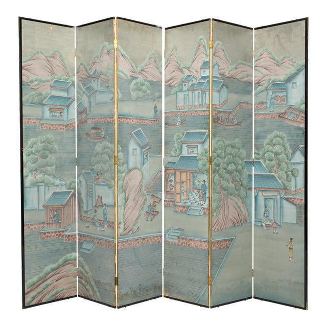 Antique Chinese Export Six Panel Watercolor Floor Screen, Hand-Painted For Sale