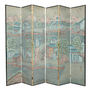 Antique Chinese Export Six Panel Watercolor Floor Screen, Hand-Painted