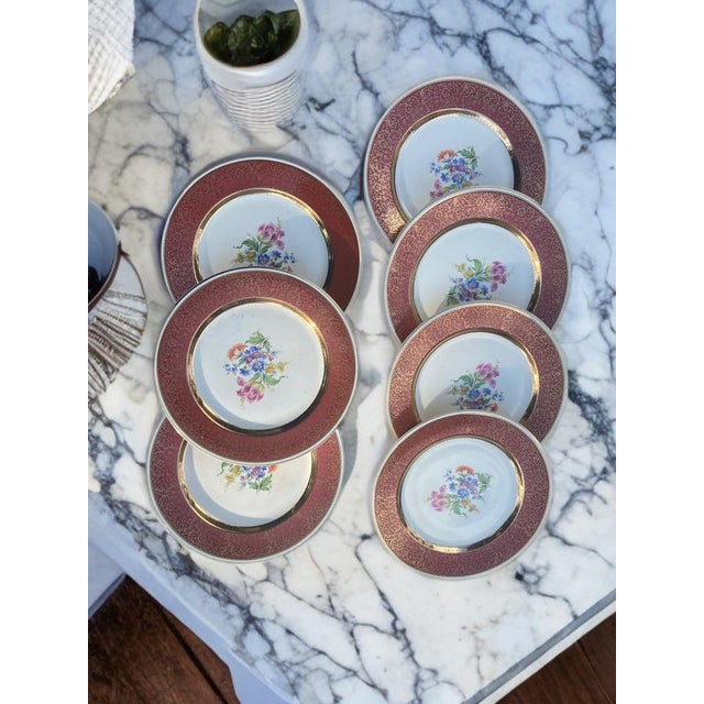 Dresden Porcelain Vintage Dresden Duchess by Harker Floral Scrolled Dinner Plates With 22k Gold Trim- Set of 7 For Sale - Image 4 of 9