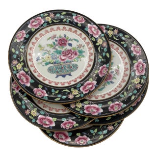 Early 20th Century Crown Staffordshire Hand-Painted “Famille Noir Style” Dessert Plates - Set of 5 For Sale