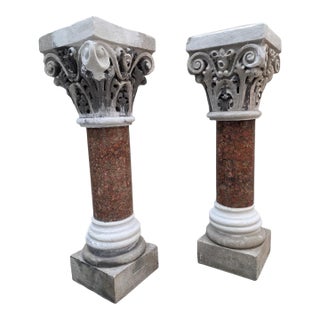 Antique Italian Marble & Sculpted Stone Pedestals From Roman Church Altar - Pair For Sale
