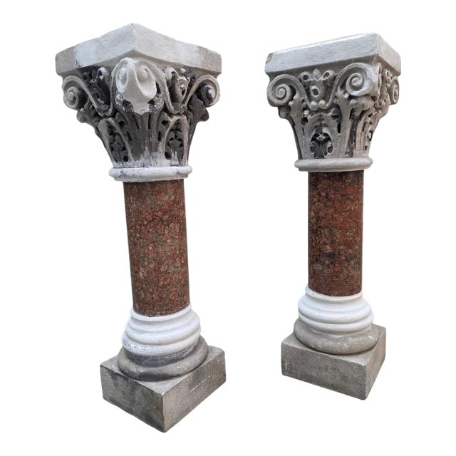Antique Italian Marble & Sculpted Stone Pedestals From Roman Church Altar - Pair For Sale