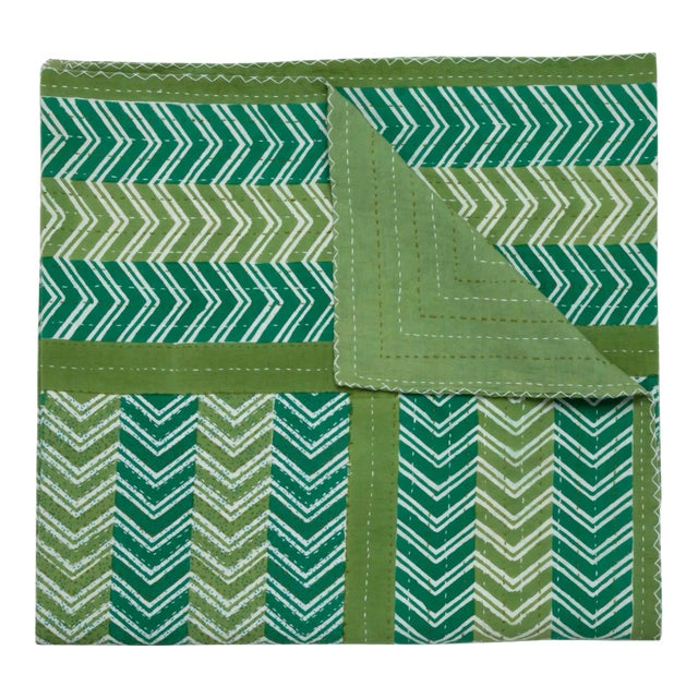 Chevron Hand Stitched Quilt, Twin-XL - Green For Sale