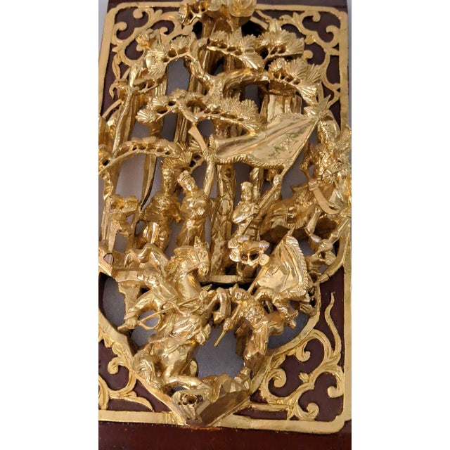 Paint Vintage Chinese Gilt Lacquer Wood Wall Panel Deep Carving Warriors Battle Scene For Sale - Image 7 of 11