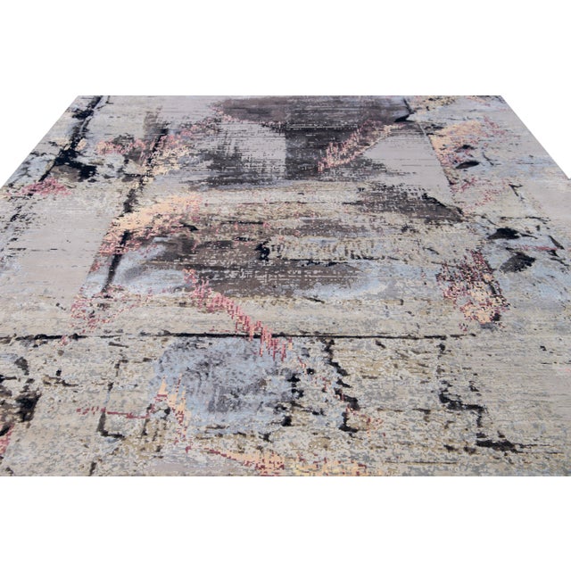 Indian Modern Indian Handmade Gray Abstract Wool and Silk Rug For Sale - Image 3 of 10