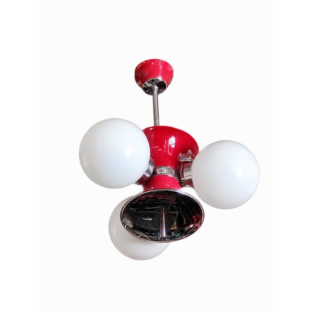 Space Age Pendant Lamp with Three Globes in Red Lacquered Metal, Chrome and Opal Glass, 1970s, in Very Good conditions....