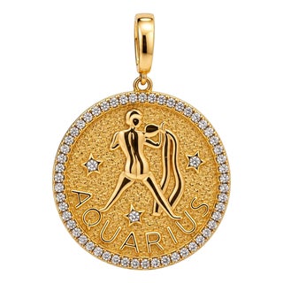 Late 20th Century 14k Yellow Gold Aquarius Zodiac Sign Diamond Studded Pendant For Sale