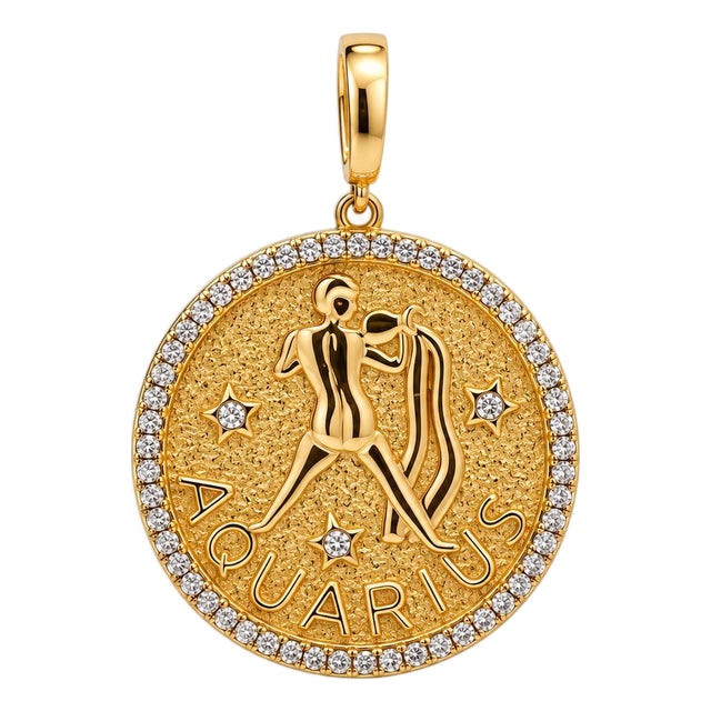 Late 20th Century 14k Yellow Gold Aquarius Zodiac Sign Diamond Studded Pendant For Sale