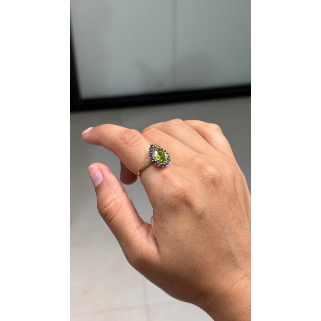 Pop Art Peridot Blue Sapphire Halo Green 14k Gold Ring Size 6, Fine Jewelry by VRJewels For Sale - Image 3 of 18