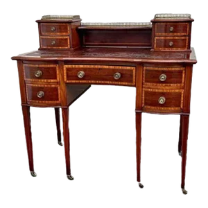 19th Century Antique English Edwardian Carton Style Mahogany Inlaid Leather Top Writing Table Desk.