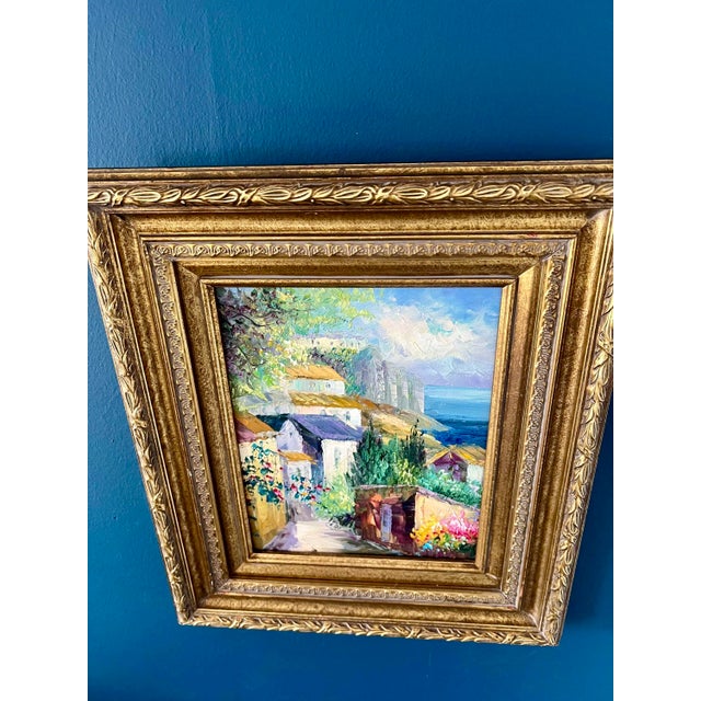 1970s Mid- Century Framed Vintage Mediterranean Coastal Village Oil Painting For Sale - Image 5 of 18