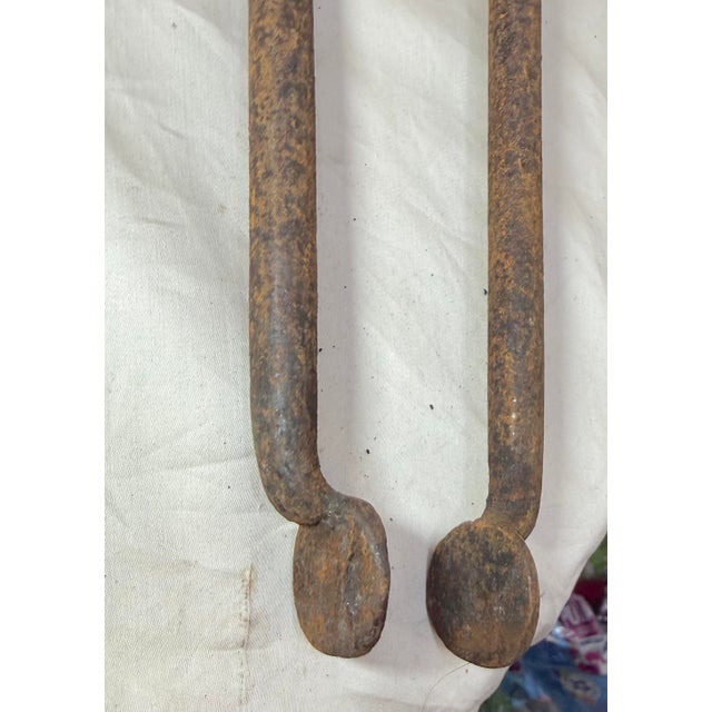 Brass Antique 18th Century Wrought Iron Turned Brass English Fireplace Tongs Tool 2 For Sale - Image 8 of 10