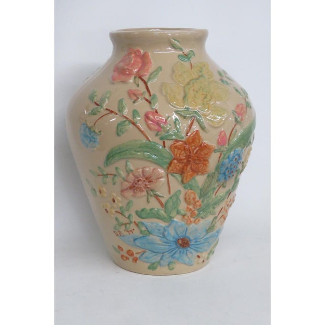 1970s RRP Co Roseville Lucia Vase Tall Ceramic Raised Floral Motif Cream Color 4527b For Sale - Image 5 of 14