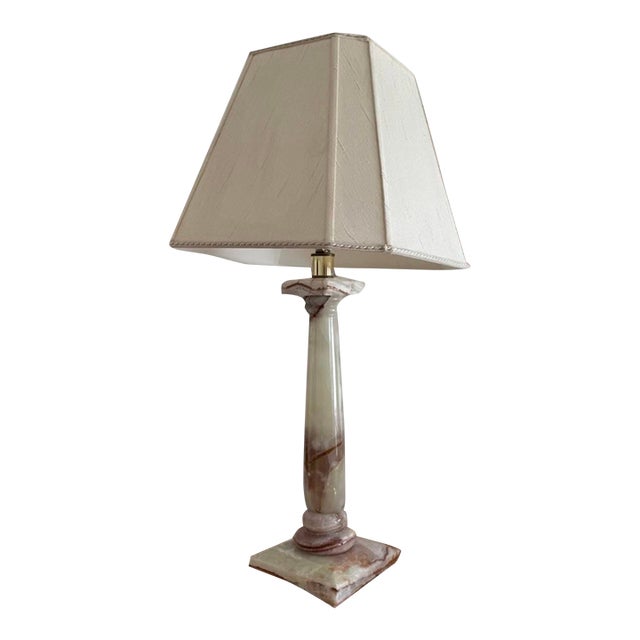 Large Vintage Solid Onyx Table Lamp | Cream & Honey Veined Stone | Late 20th Century For Sale
