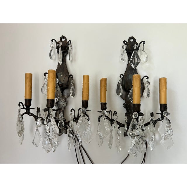 Onyx Late 19th Century Pair of French Versailles Metal and Crystal Sconces For Sale - Image 8 of 8