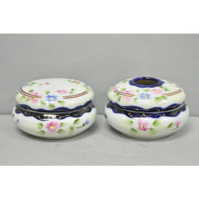 Early 20th Century Victorian Japanese Hand Painted Porcelain Cobalt Blue Hair Receiver & Powder Jar For Sale - Image 14 of 14