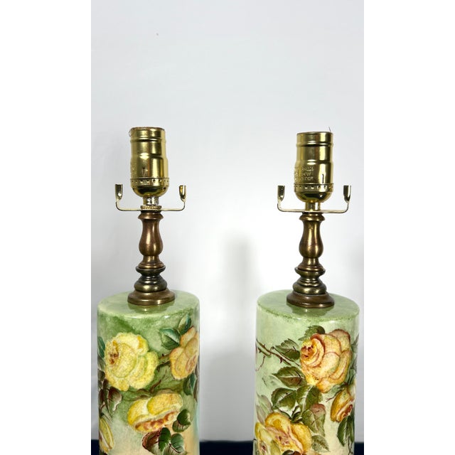 Yellow 1939 Loevsky & Loevsky Hand-Painted Floral Cylinder Lamps - a Pair For Sale - Image 8 of 12