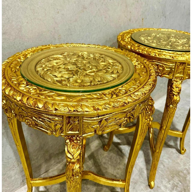 French French Style Golden Side Table Set of 2 – Glass Top With Gold Leaf Details For Sale - Image 3 of 5