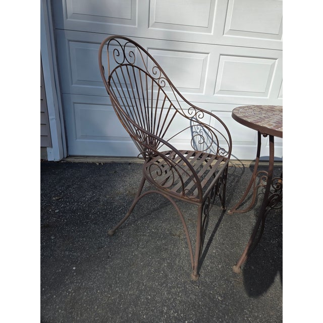 Mid-Century Modern Vintage Wrought Iron Outdoor Bistro Mosaic Top Iron Table Table Top & 2 Chairs For Sale - Image 3 of 12
