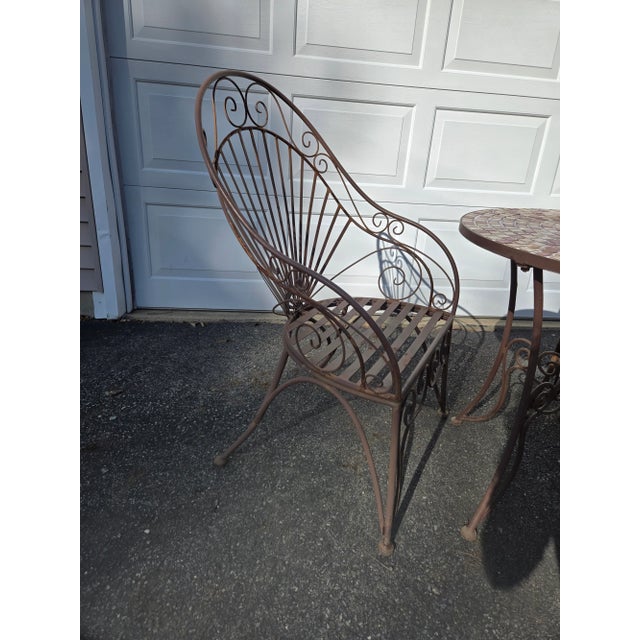 Mid-Century Modern Vintage Wrought Iron Outdoor Bistro Mosaic Top Iron Table Table Top & 2 Chairs, Attributed For Sale - Image 3 of 12
